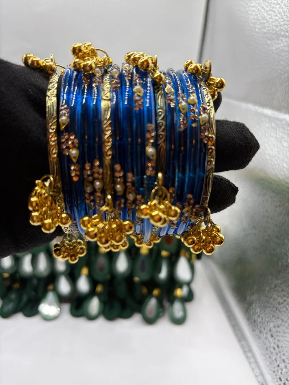 Kashmiri Desi Elegant Blue Glass - Pearls Drops Gold Women's Bangle Set
